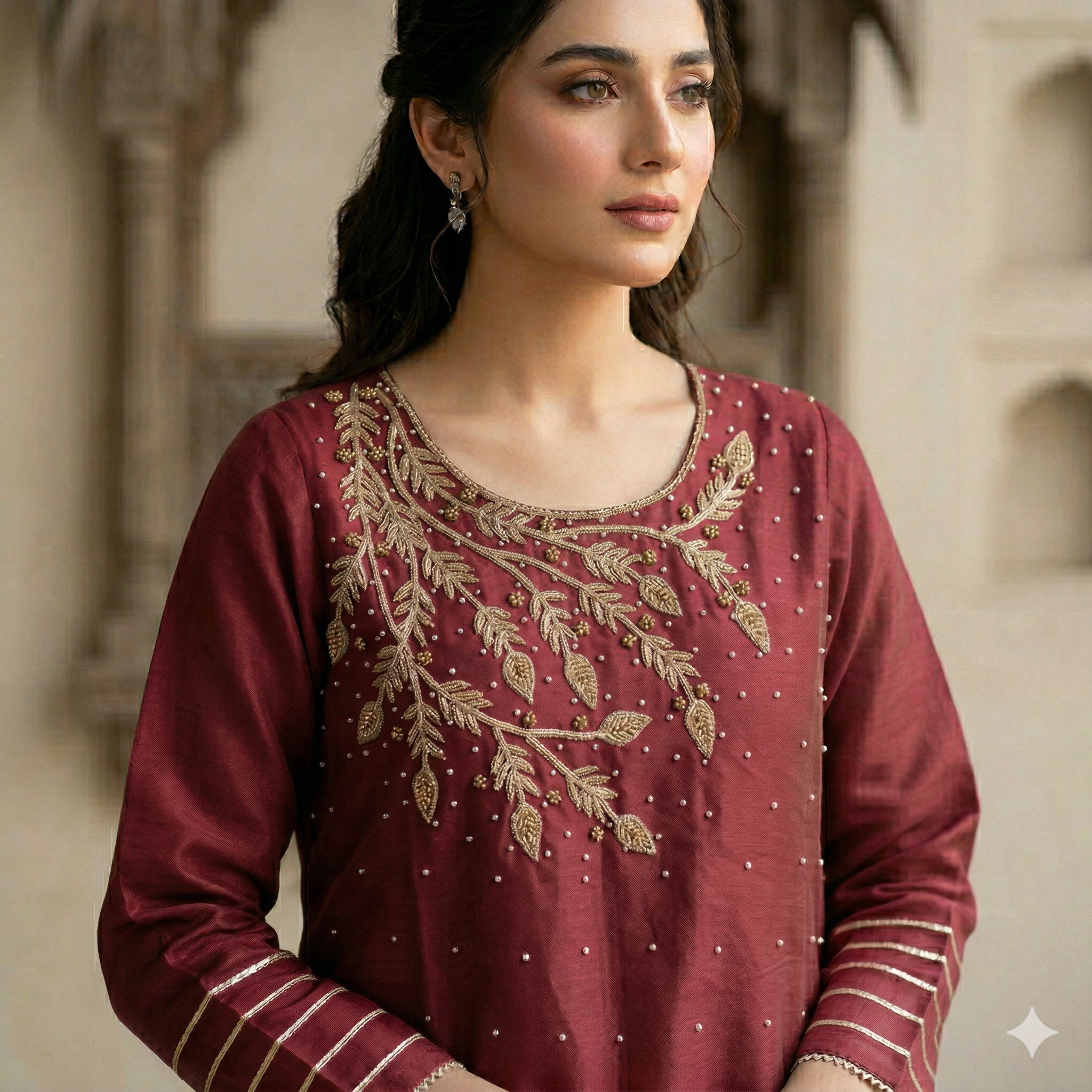 Maroon Embroidered Organza 2-Piece Suit