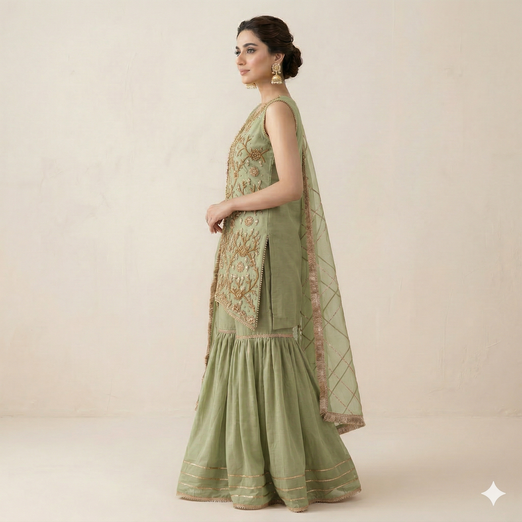 Pista Green Embroidered Organza 2-Piece Suit