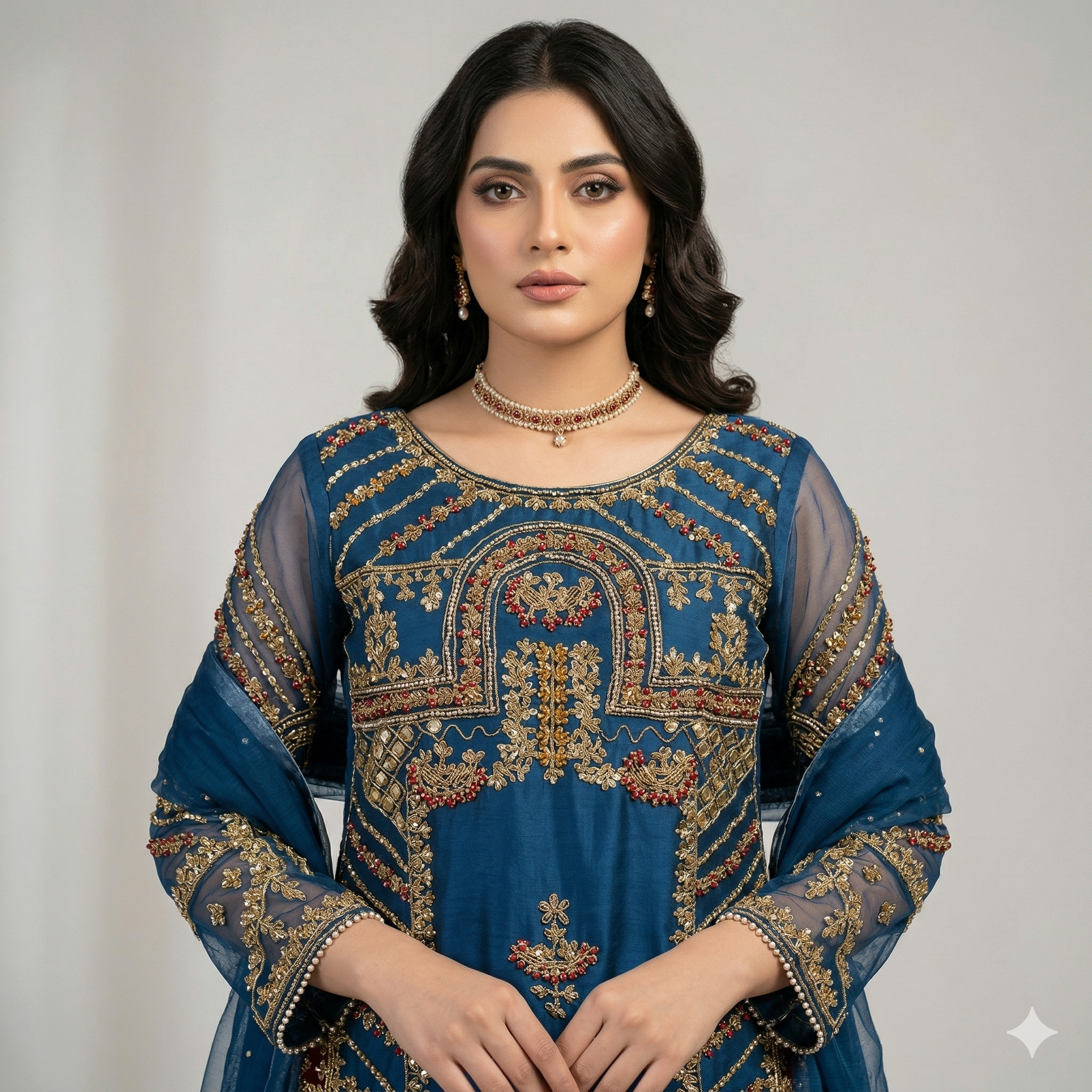 Royal Teal Embroidered Organza 2-Piece Suit