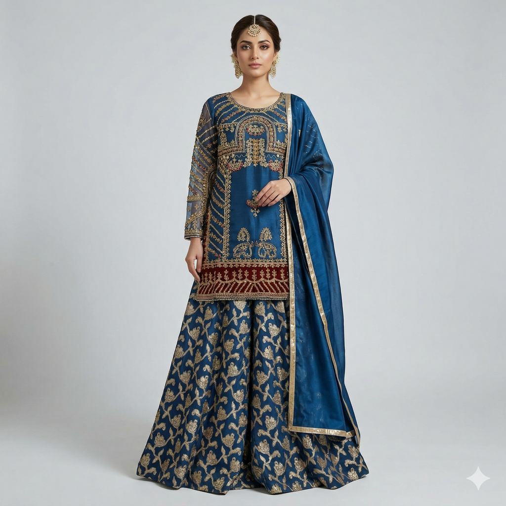 Royal Teal Embroidered Organza 2-Piece Suit