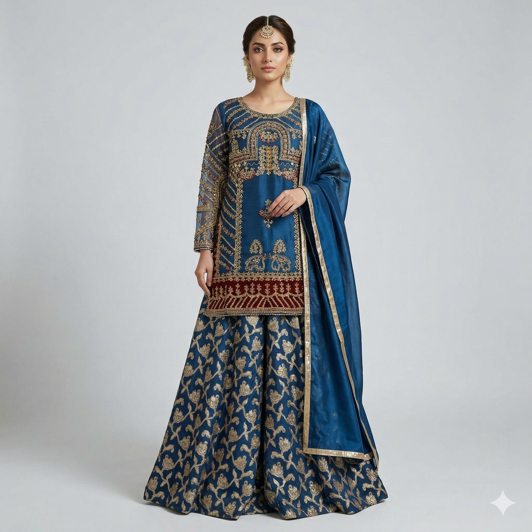 Royal Teal Embroidered Organza 2-Piece Suit