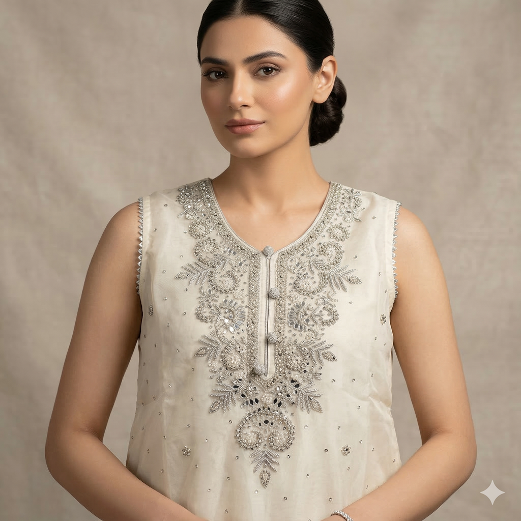 Ivory Embroidered Organza 2-Piece Suit