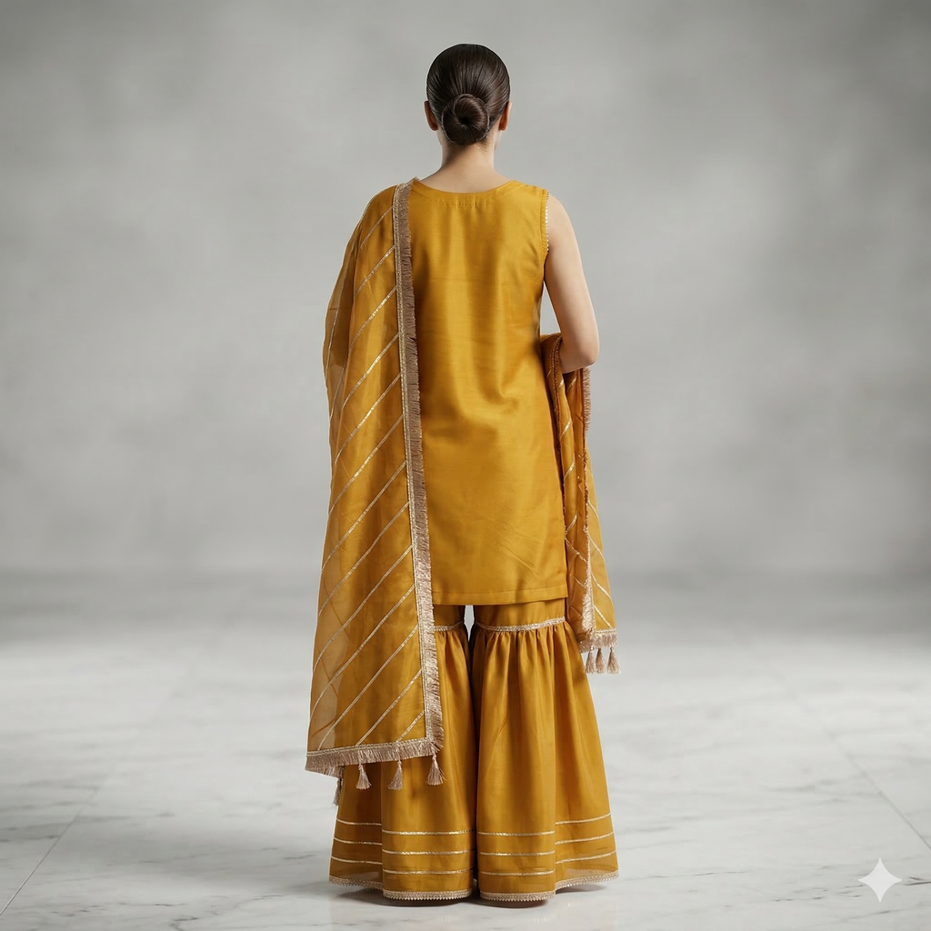 Mustard Gold Embroidered Organza 2-Piece Suit