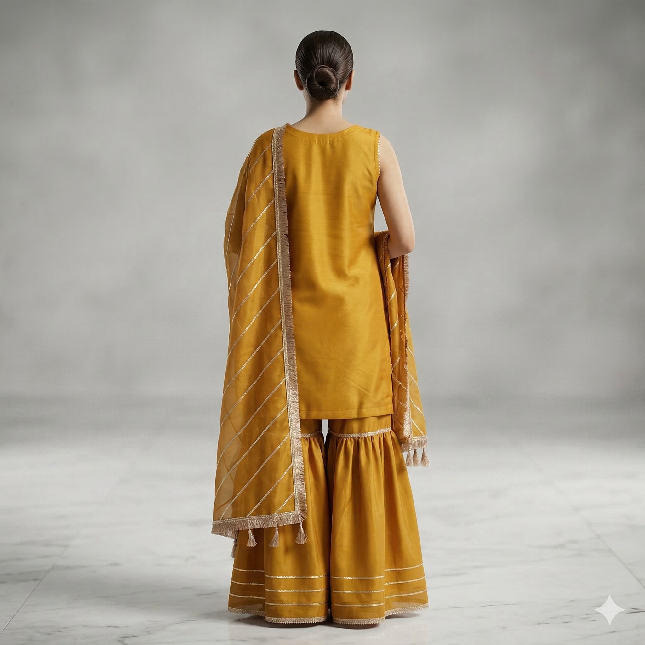 Mustard Gold Embroidered Organza 2-Piece Suit