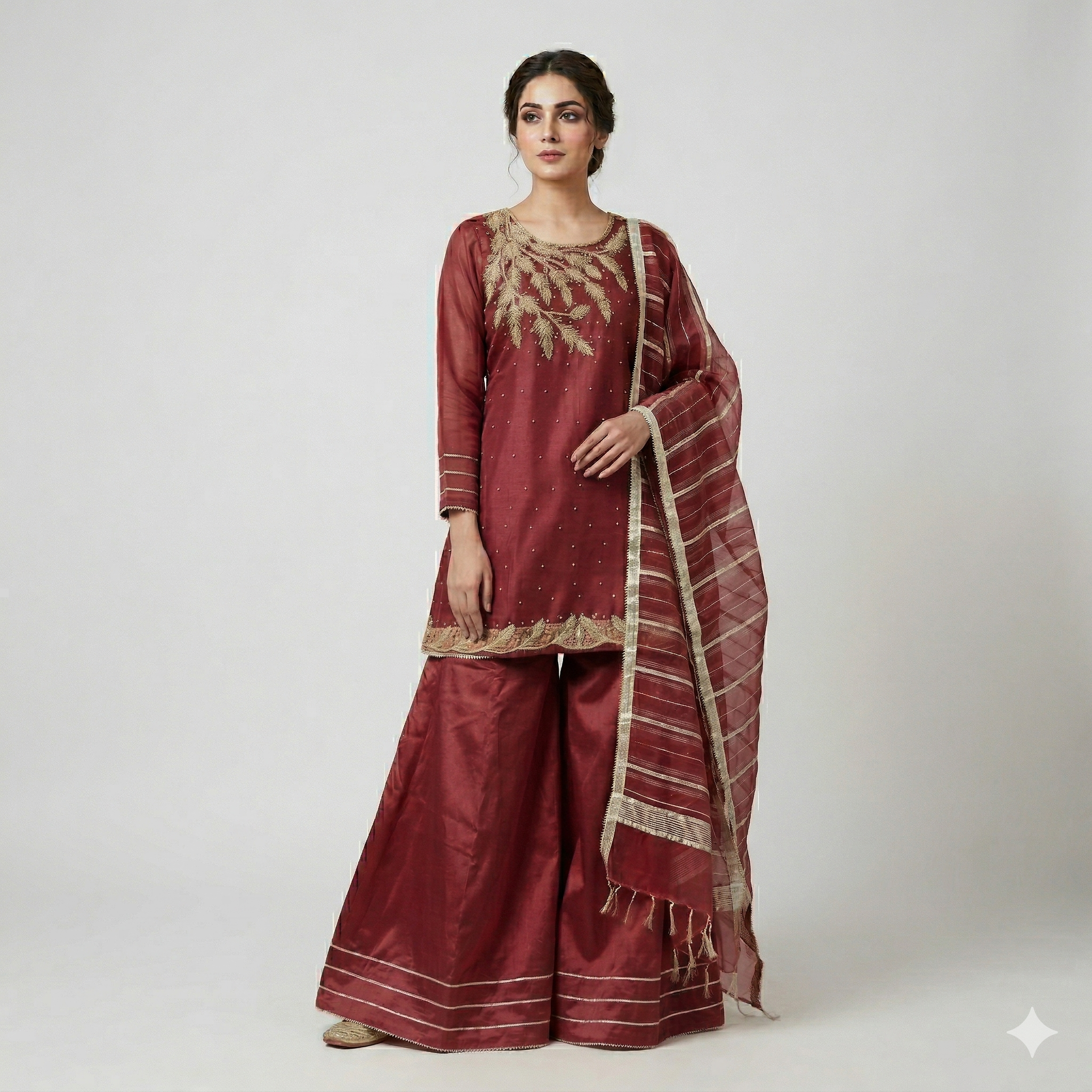 Maroon Embroidered Organza 2-Piece Suit
