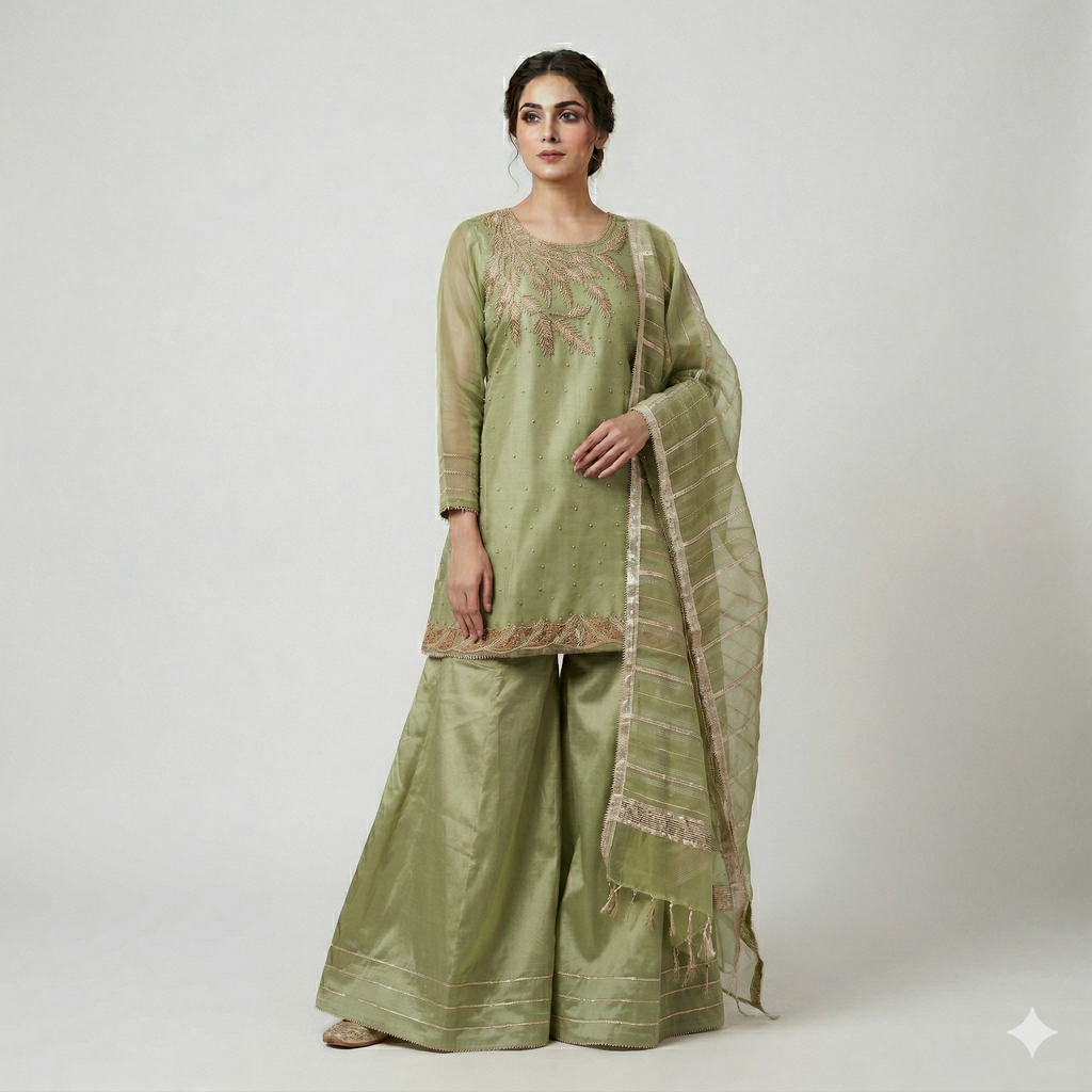 Pistachio Green Embroidered Organza 2-Piece Suit