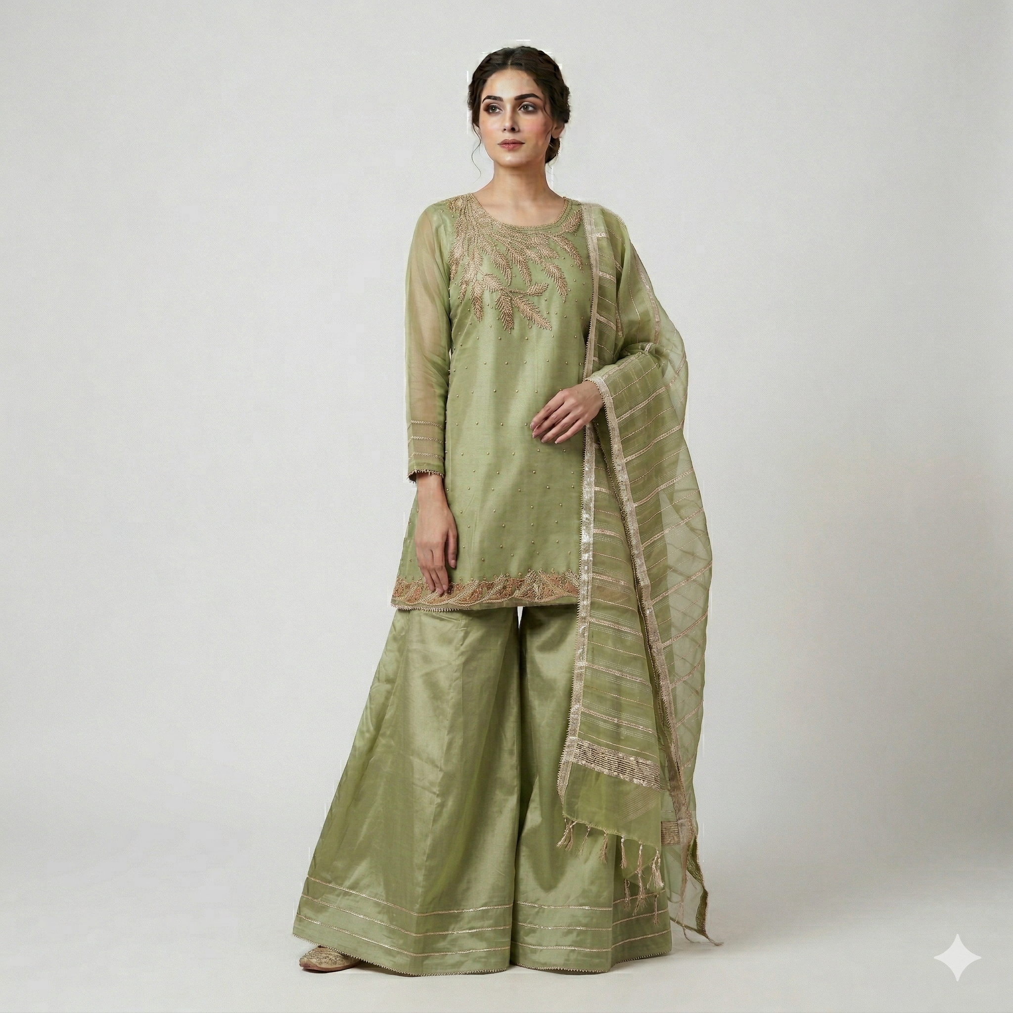 Pistachio Green Embroidered Organza 2-Piece Suit