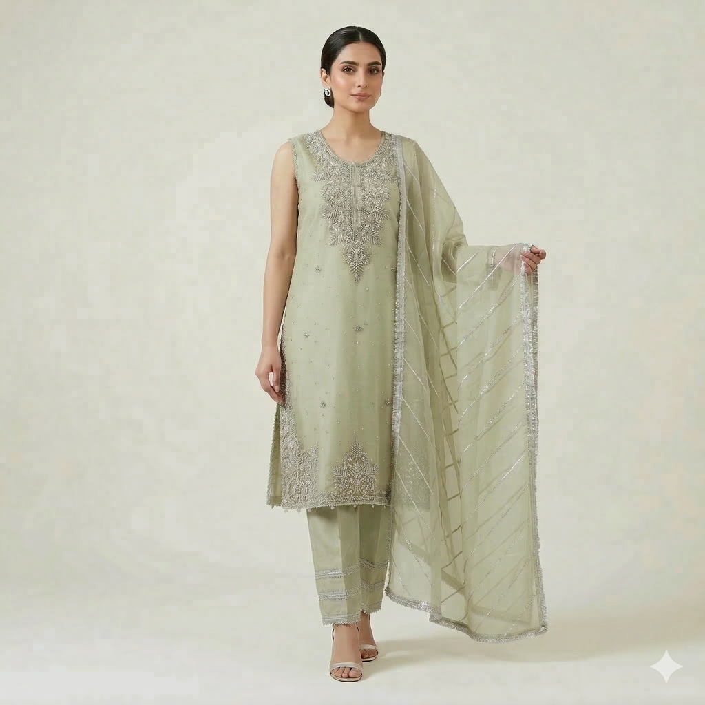 Mint Green Embroidered Organza 2-Piece Suit