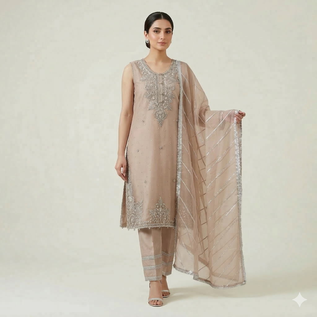 Beige Embroidered Organza 2-Piece Suit