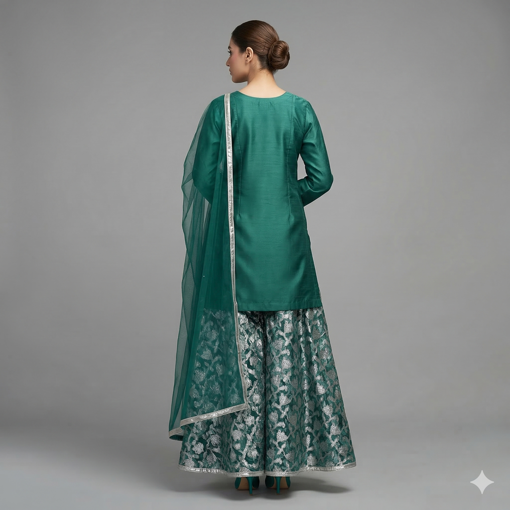 Emerald Green Embroidered Organza 2-Piece Suit