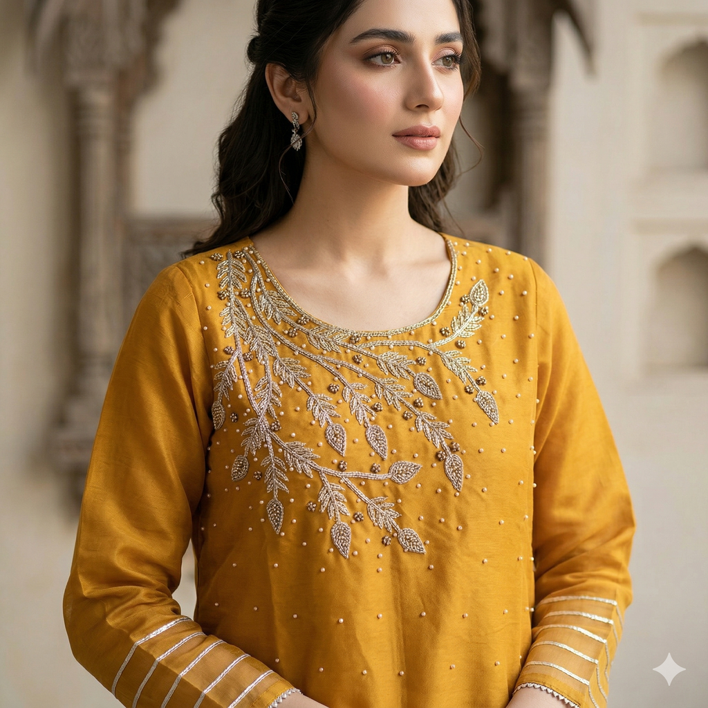 Sunflower Yellow Embroidered Organza 2-Piece Suit