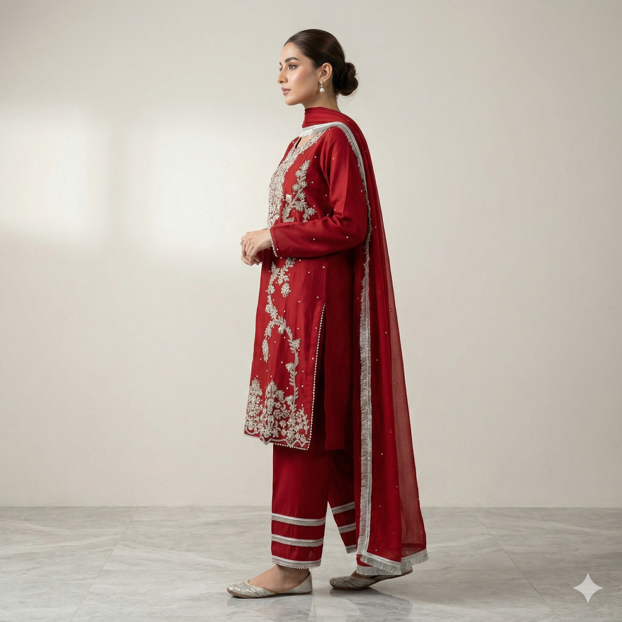 Ruby Red Embroidered Organza 2-Piece Suit