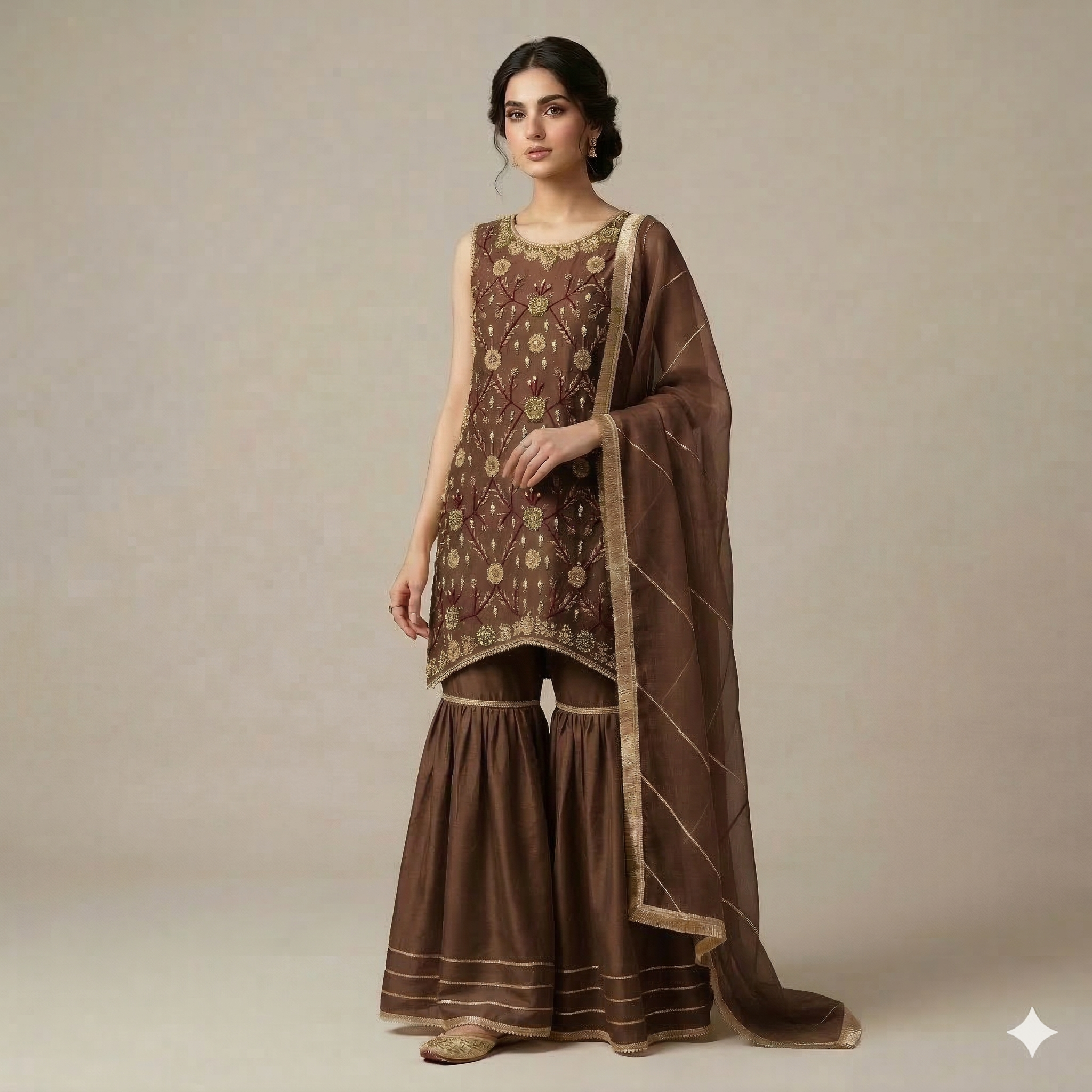 Chocolate Brown Embroidered Organza 2-Piece Suit