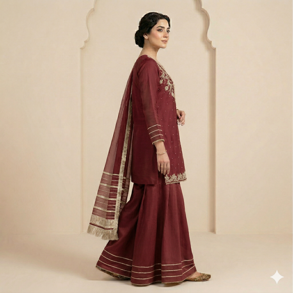 Maroon Embroidered Organza 2-Piece Suit