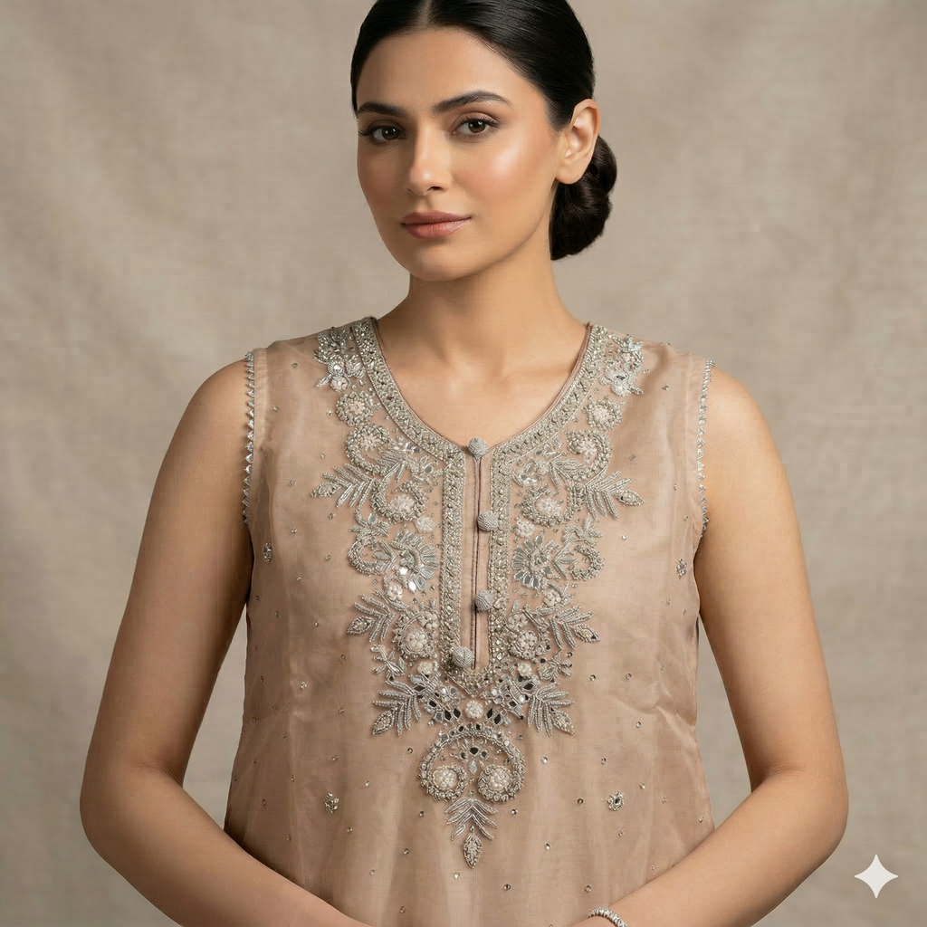 Beige Embroidered Organza 2-Piece Suit