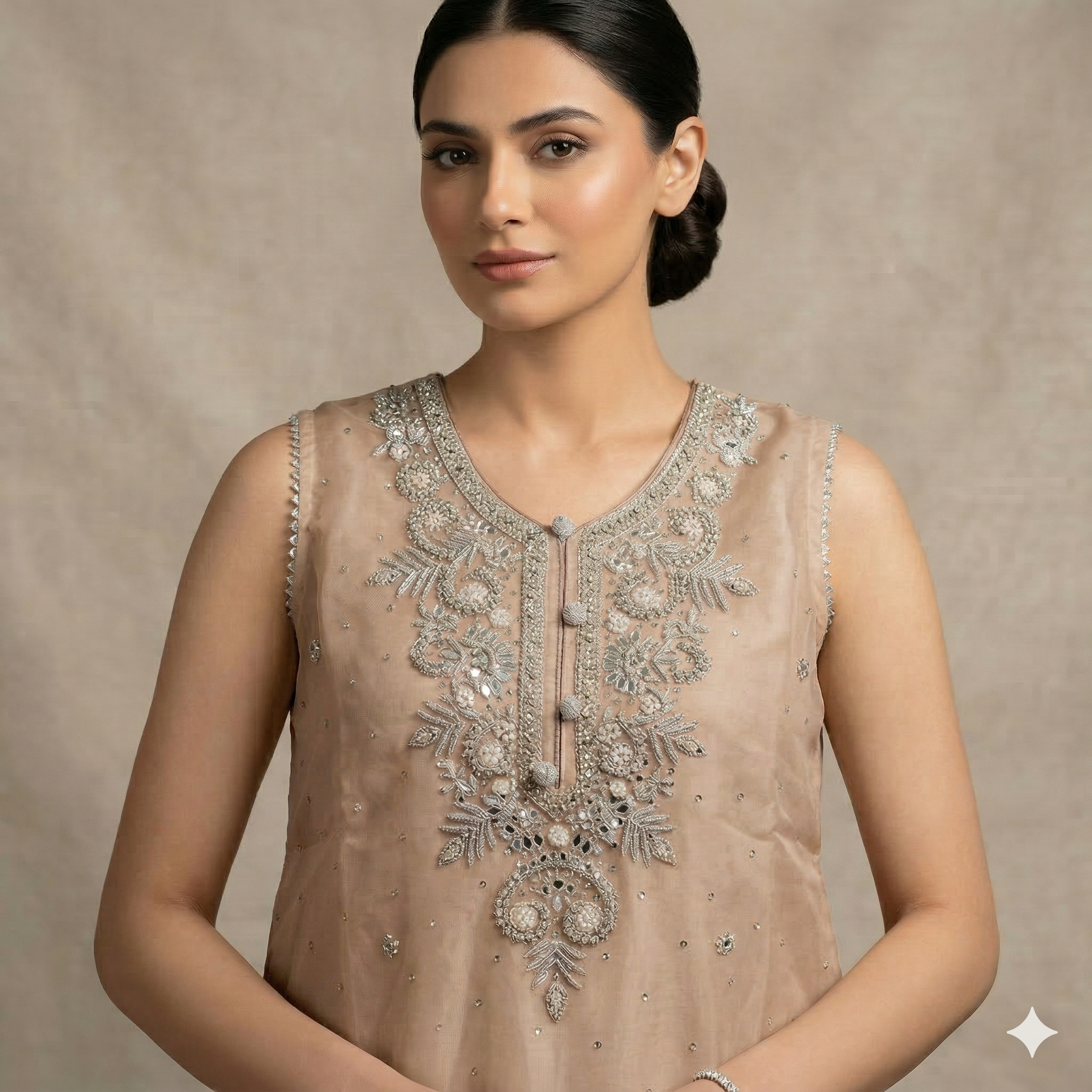 Beige Embroidered Organza 2-Piece Suit