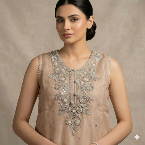 Beige Embroidered Organza 2-Piece Suit