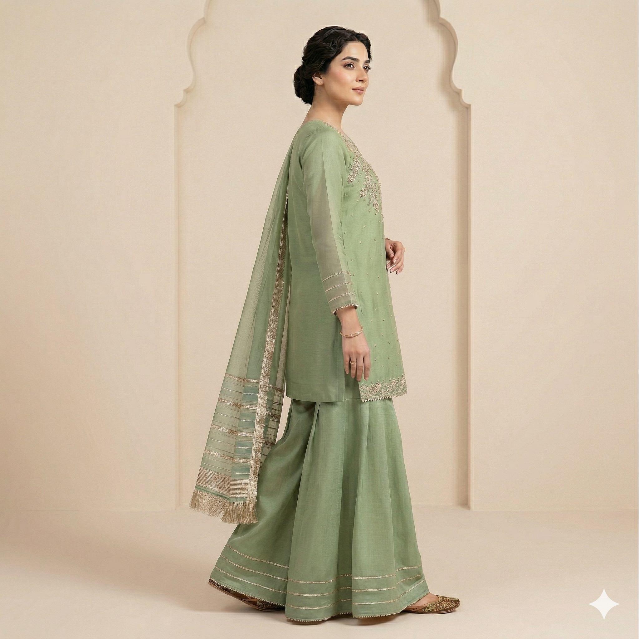 Pistachio Green Embroidered Organza 2-Piece Suit