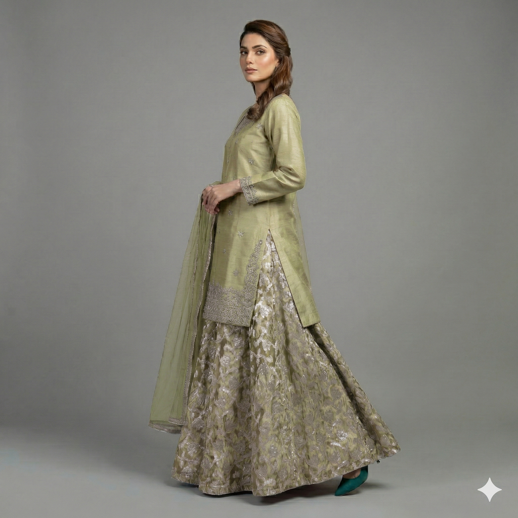 Sage Green Embroidered Organza 2-Piece Suit