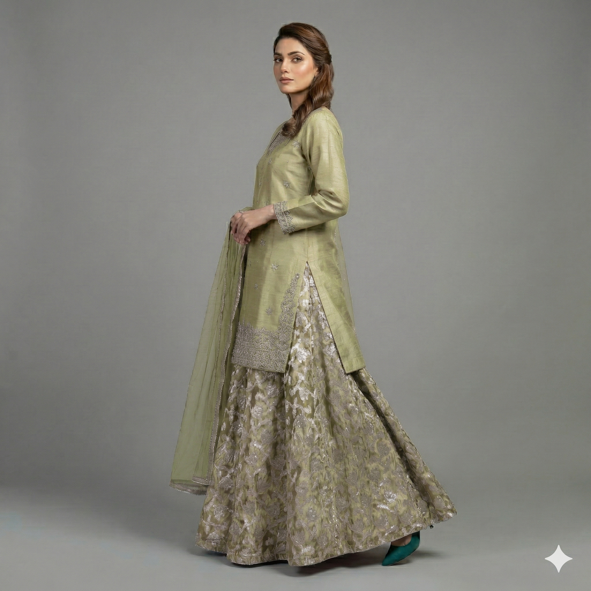 Sage Green Embroidered Organza 2-Piece Suit