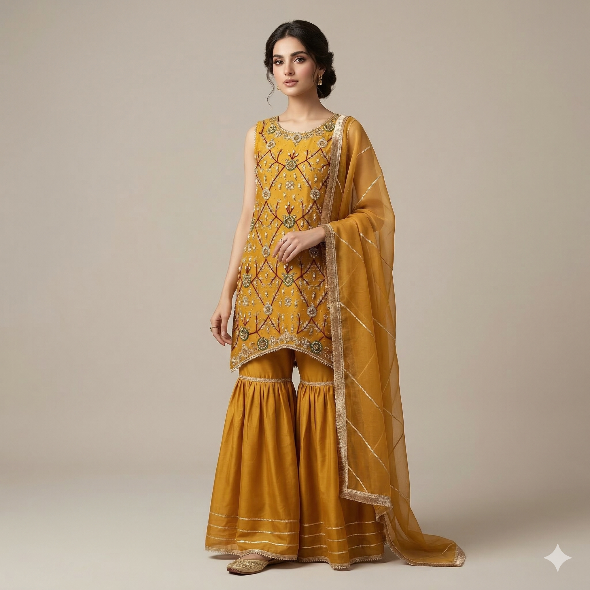 Mustard Gold Embroidered Organza 2-Piece Suit