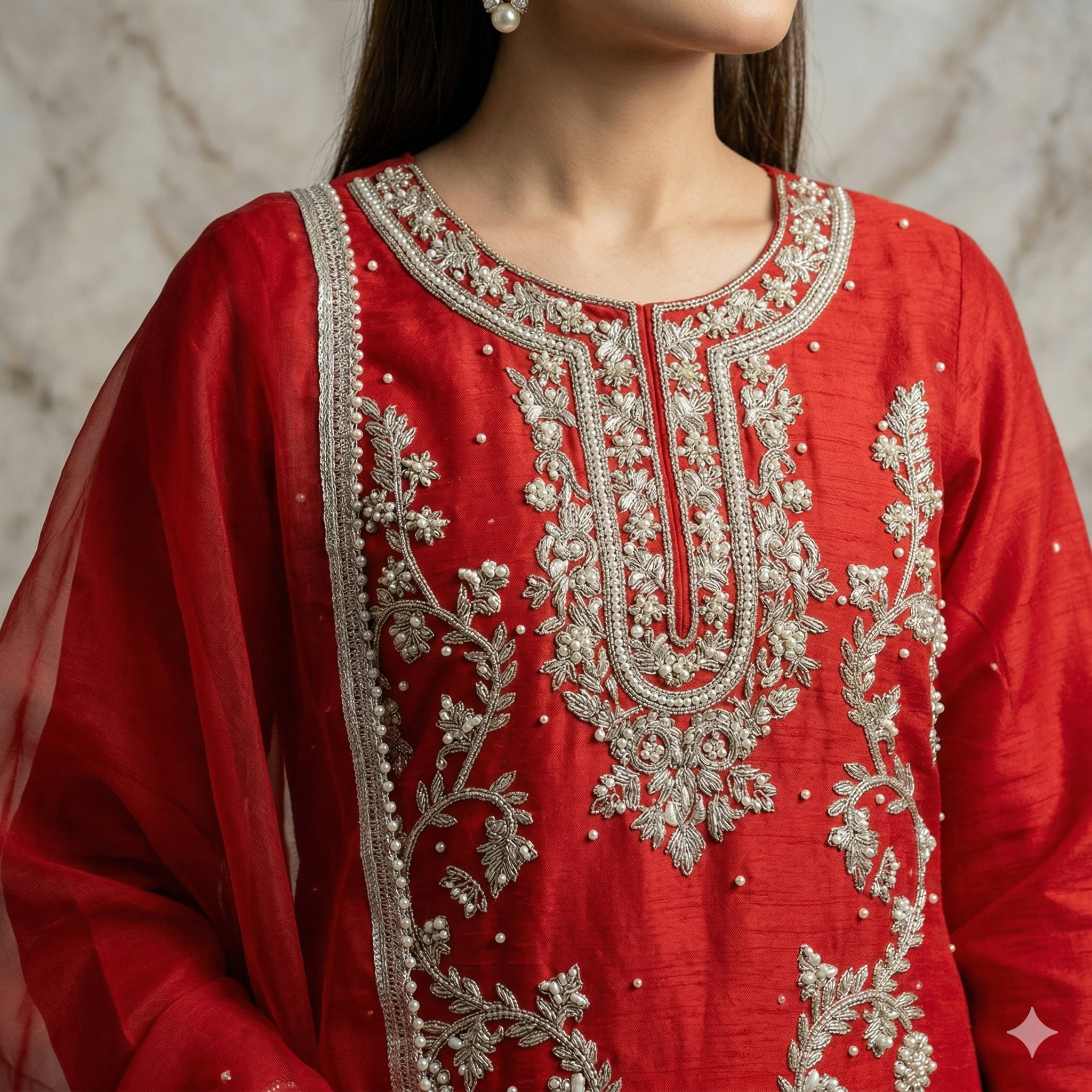 Ruby Red Embroidered Organza 2-Piece Suit