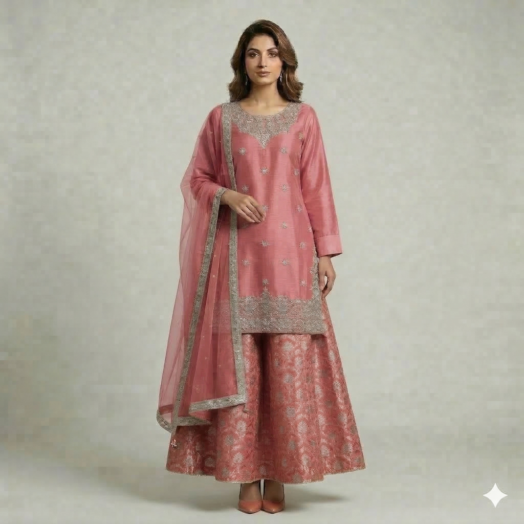 Rose Pink Embroidered Organza 2-Piece Suit