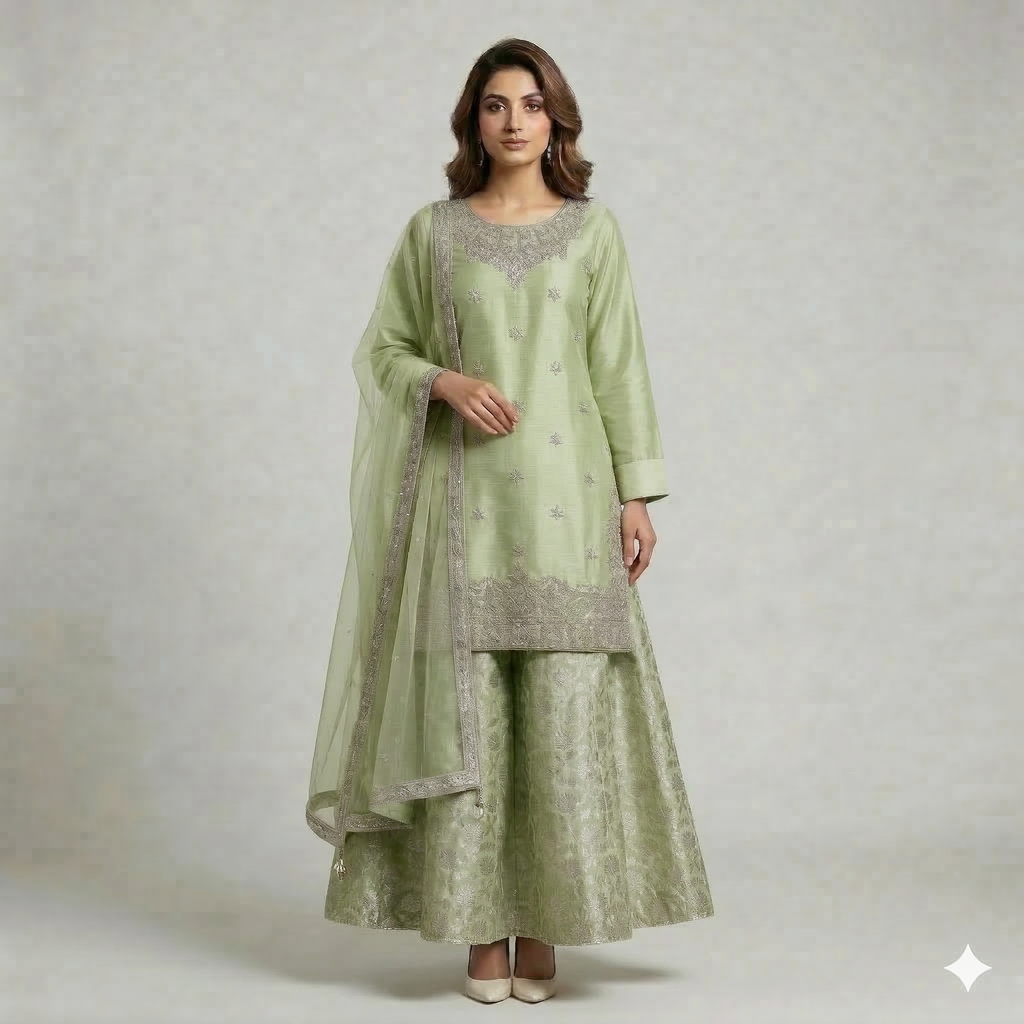 Sage Green Embroidered Organza 2-Piece Suit