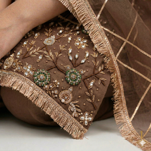 Chocolate Brown Embroidered Organza 2-Piece Suit